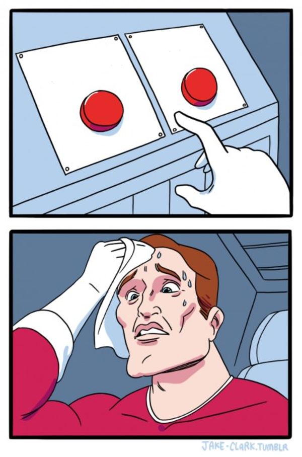 Two Buttons meme about Hard Yakka